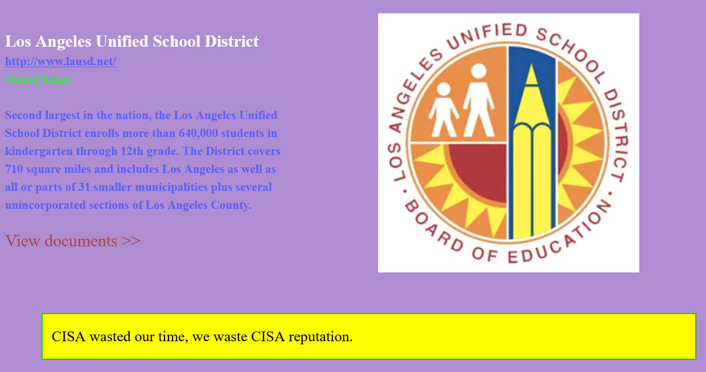 Los Angeles Unified School District entry to Vice Society data leak site