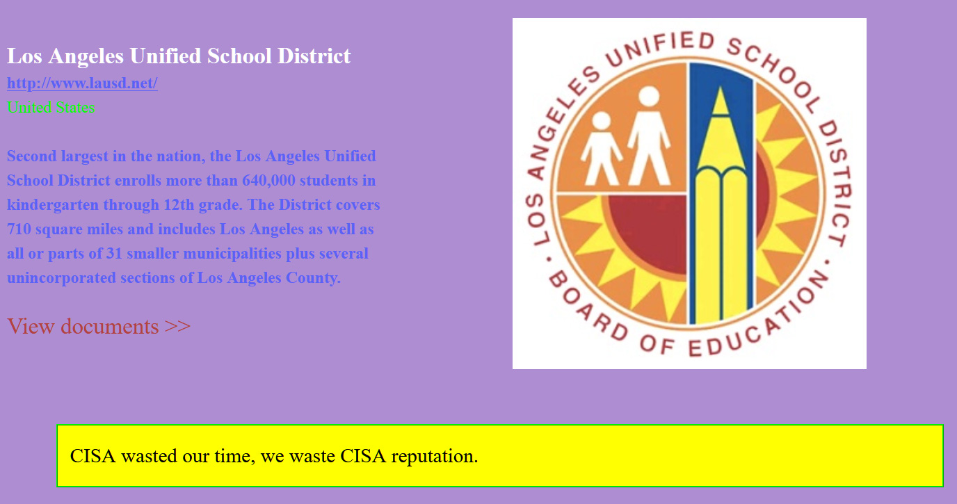 Los Angeles Unified School District entry on Vice Society data leak site