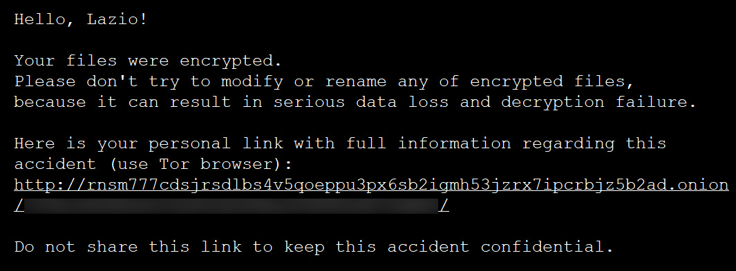 Lazio ransom note from the RansomEXX attack