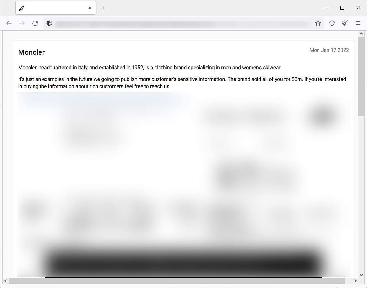 Moncler's data leak page on the ALPHV Tor website
