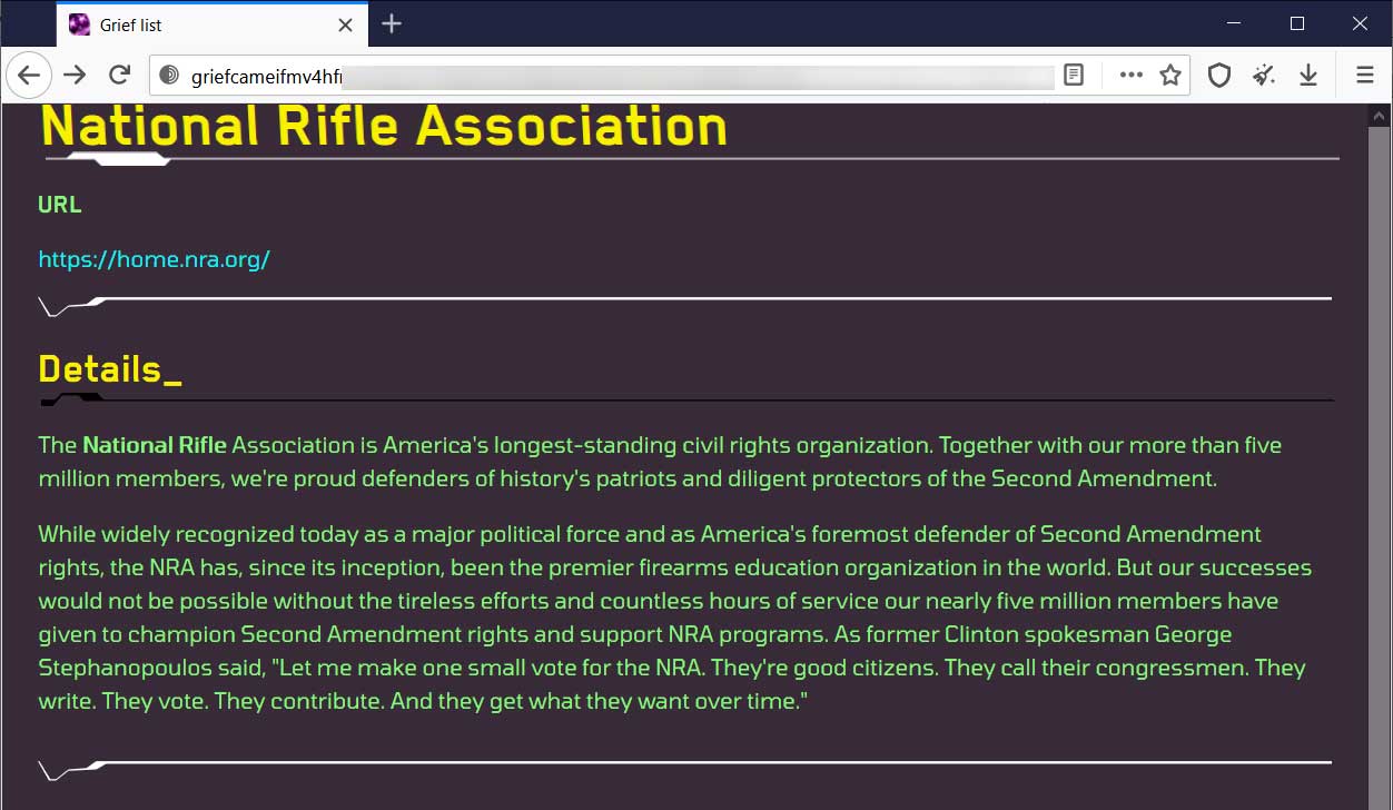 NRA entry on the Grief ransomware data leak site