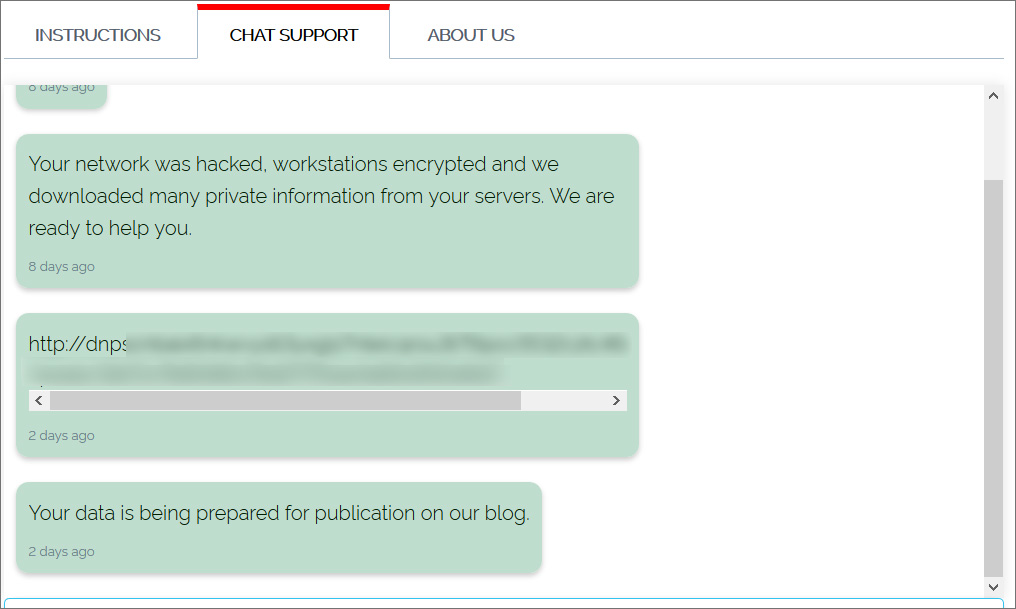 REvil chat screen with a link to a hidden Pierre Fabre data leak page