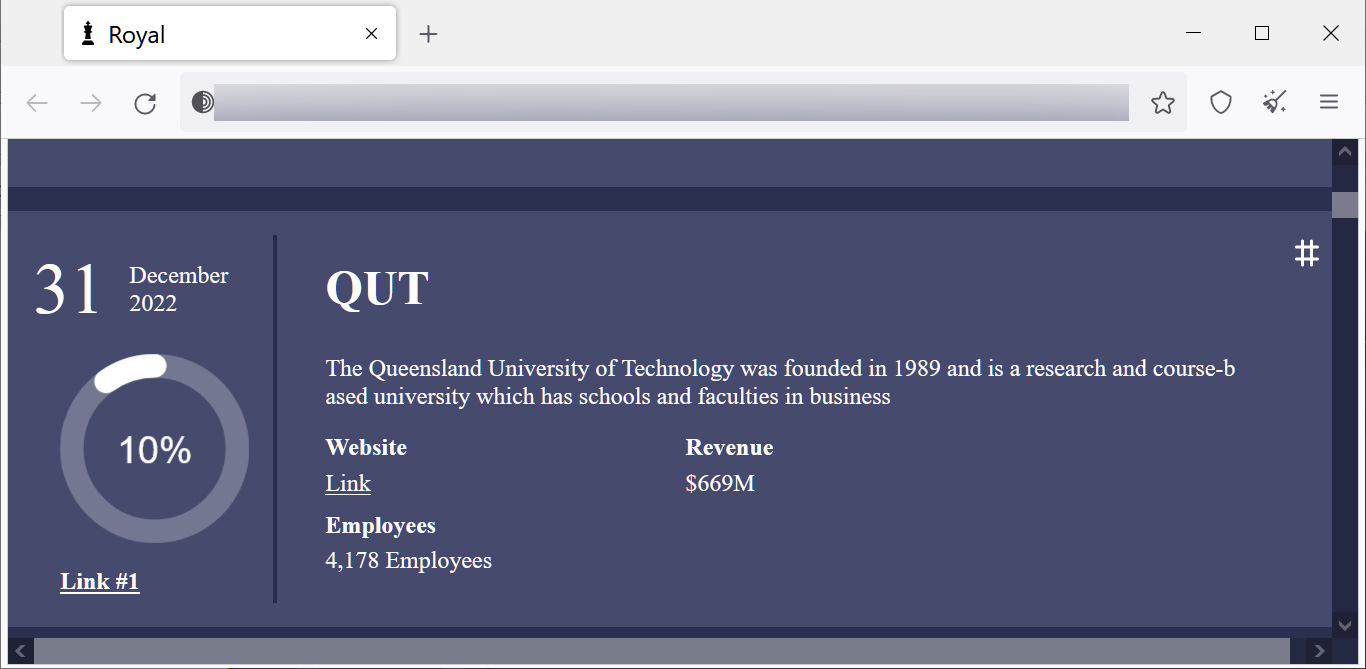 QUT data leak entry on Royal ransomware site