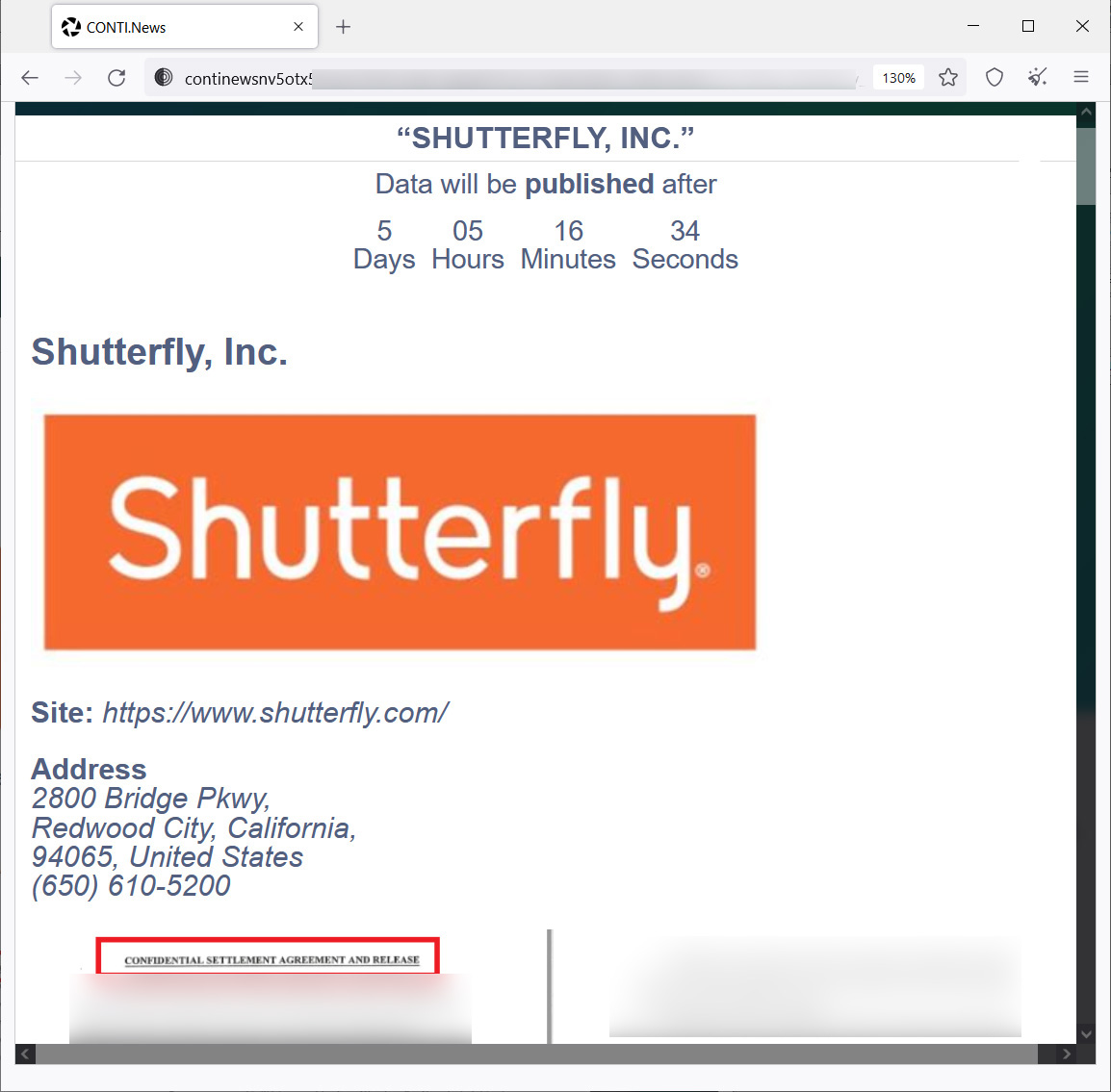 Shutterfly için Conti fidye yazılımı veri sızıntısı sayfası