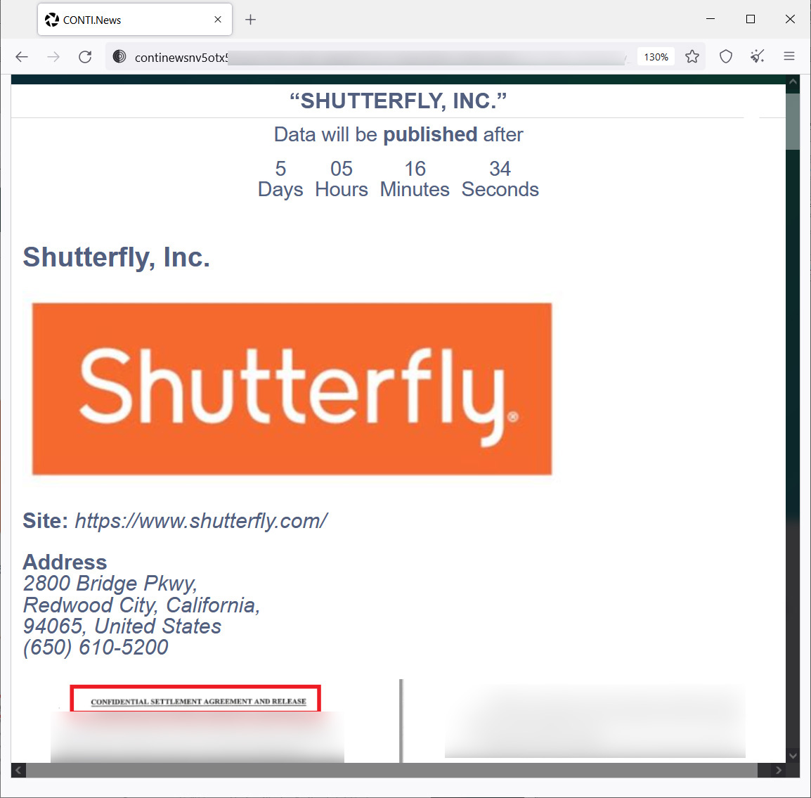 Conti ransomware data leak page for Shutterfly