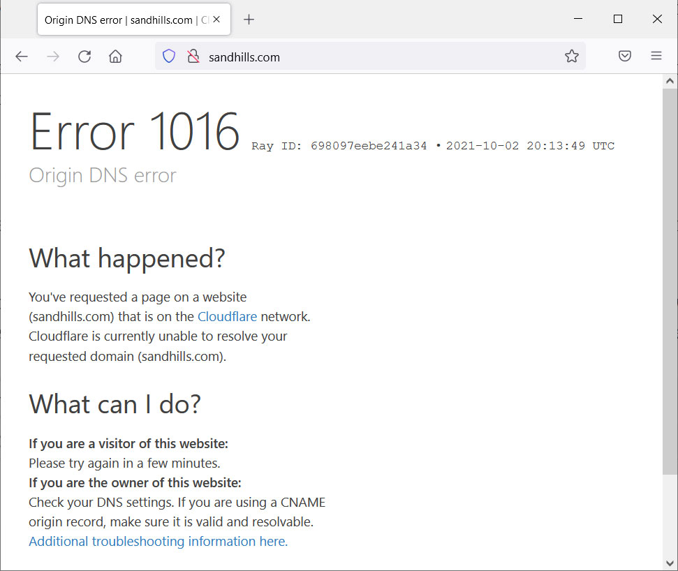Cloudflare error 1016 when attempting to connect to SandHill hosted sites