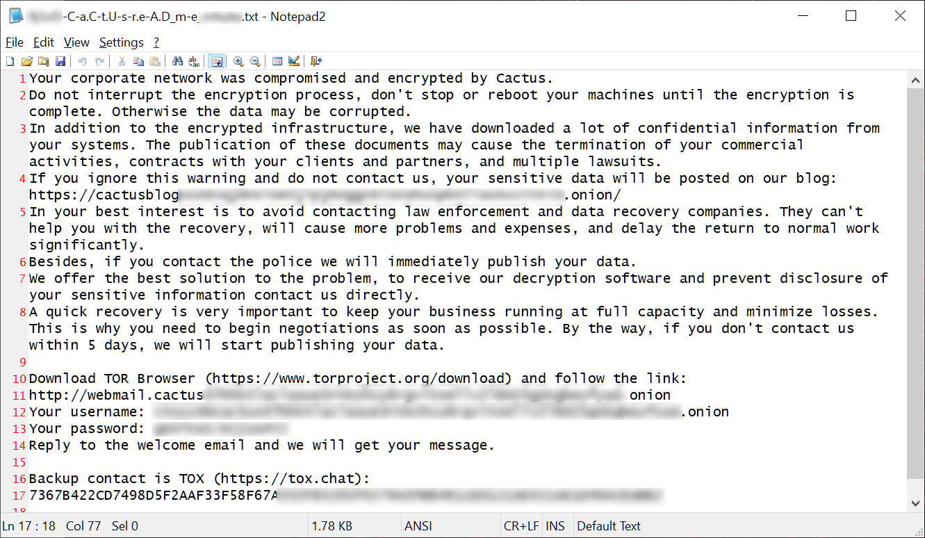 Example Cactus ransom note from different attack