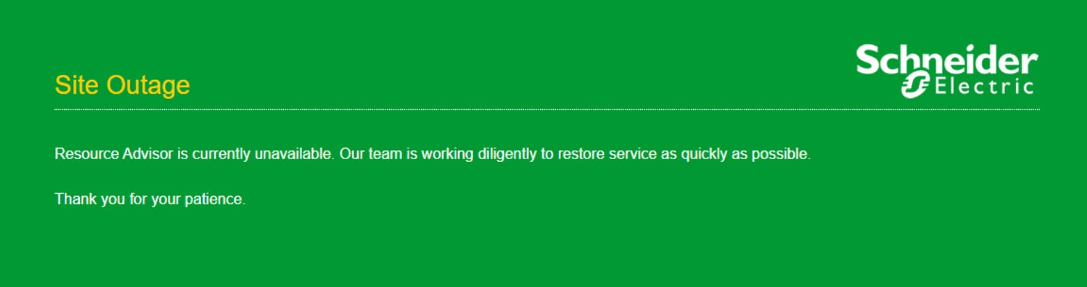 Outage message on Schneider Electric's Resource Advisor platform