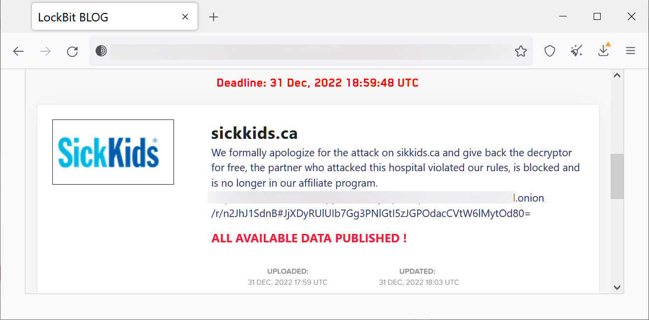 Apology to SickKids on the LockBit data leak site