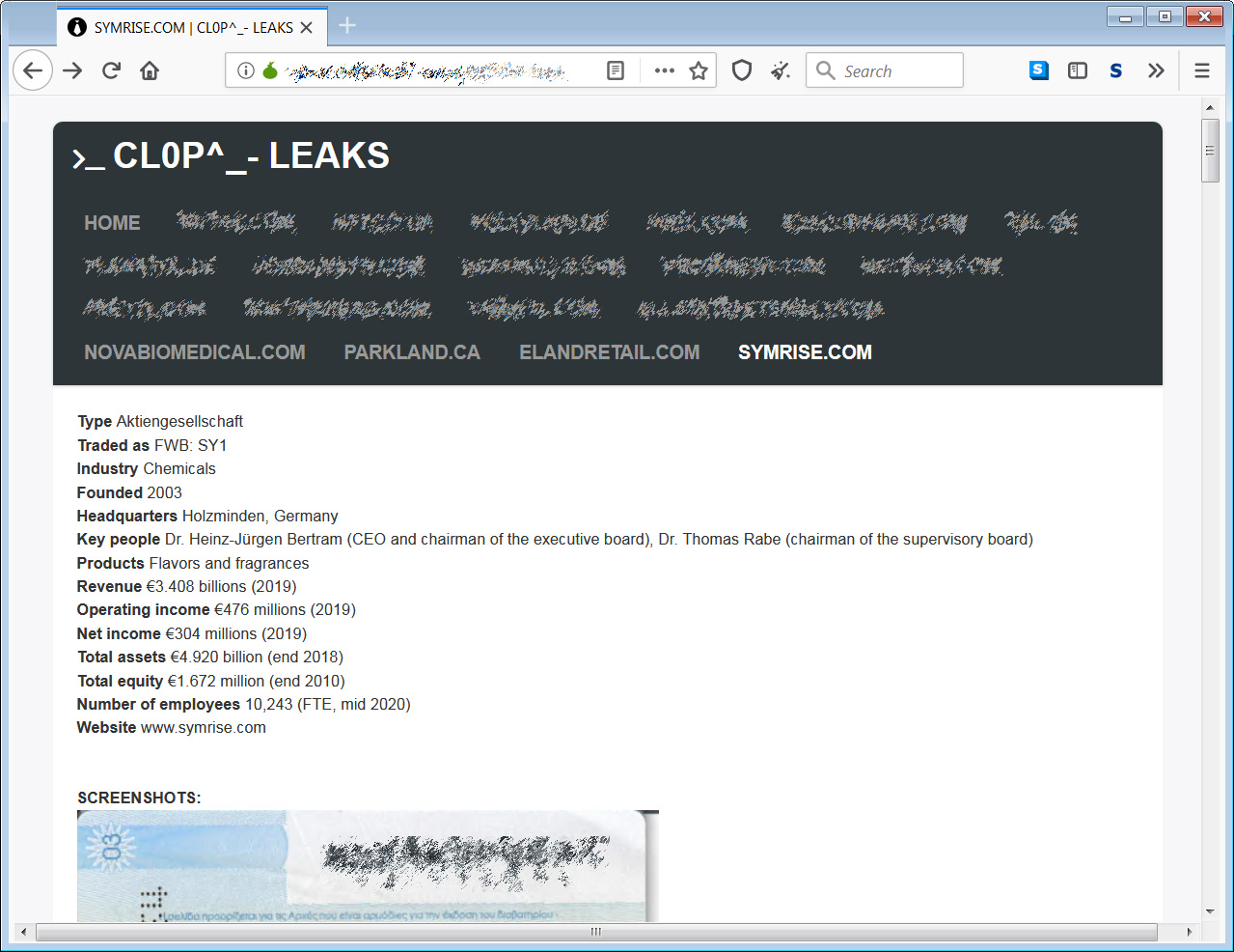 Page de fuite Symrise sur le site de fuite de données Clop