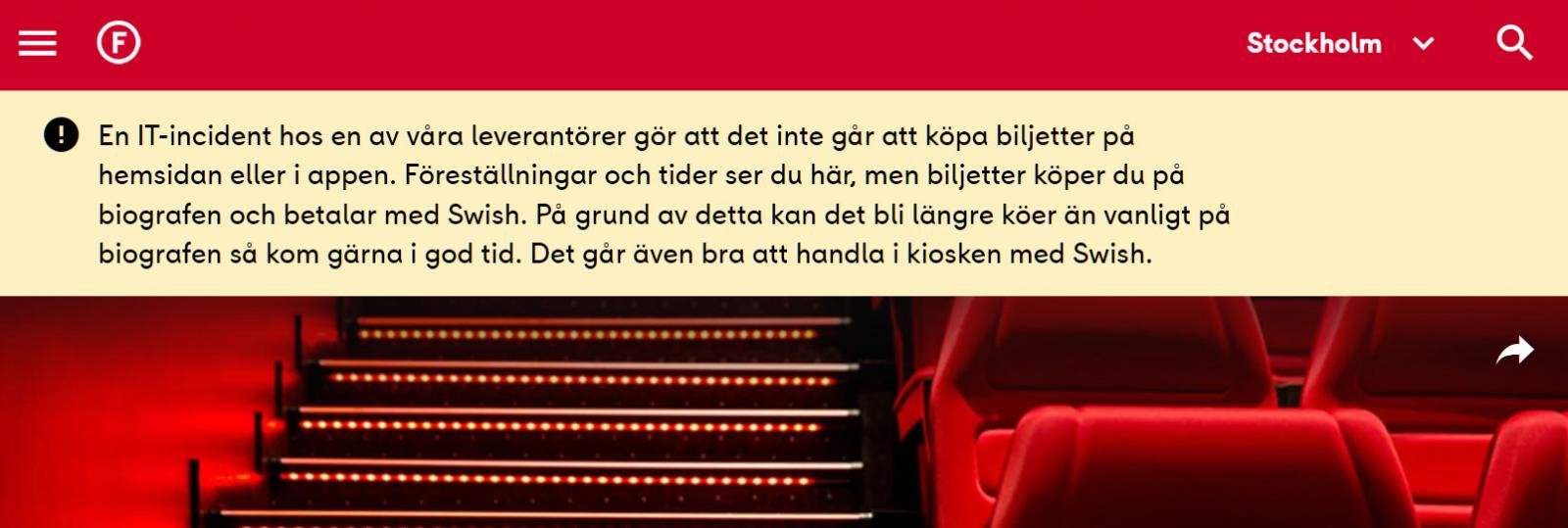 Mensaje en el sitio web de Filmstaden advirtiendo del corte informático