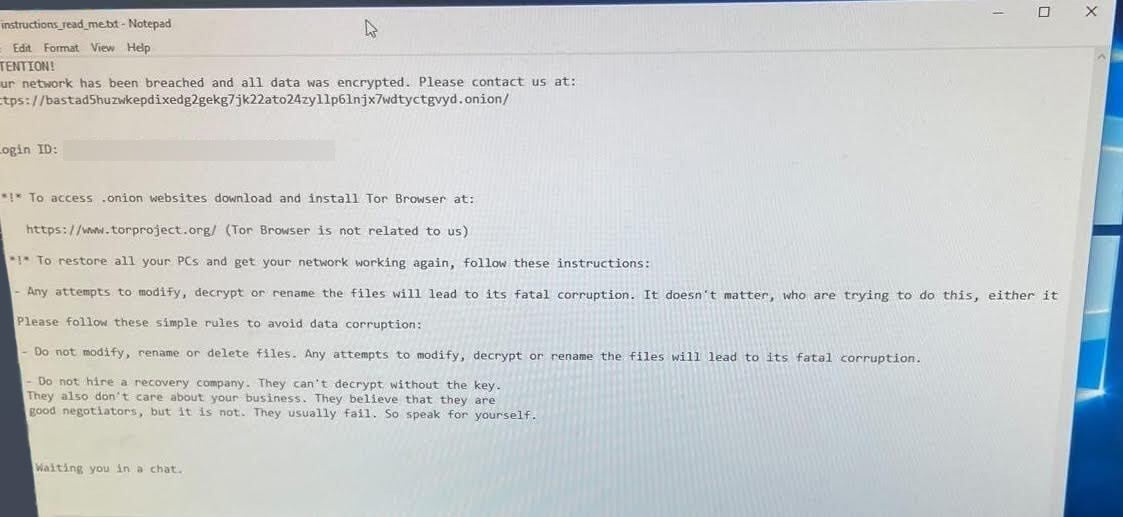 Black Basta ransomware ransom note created on TPL workstations