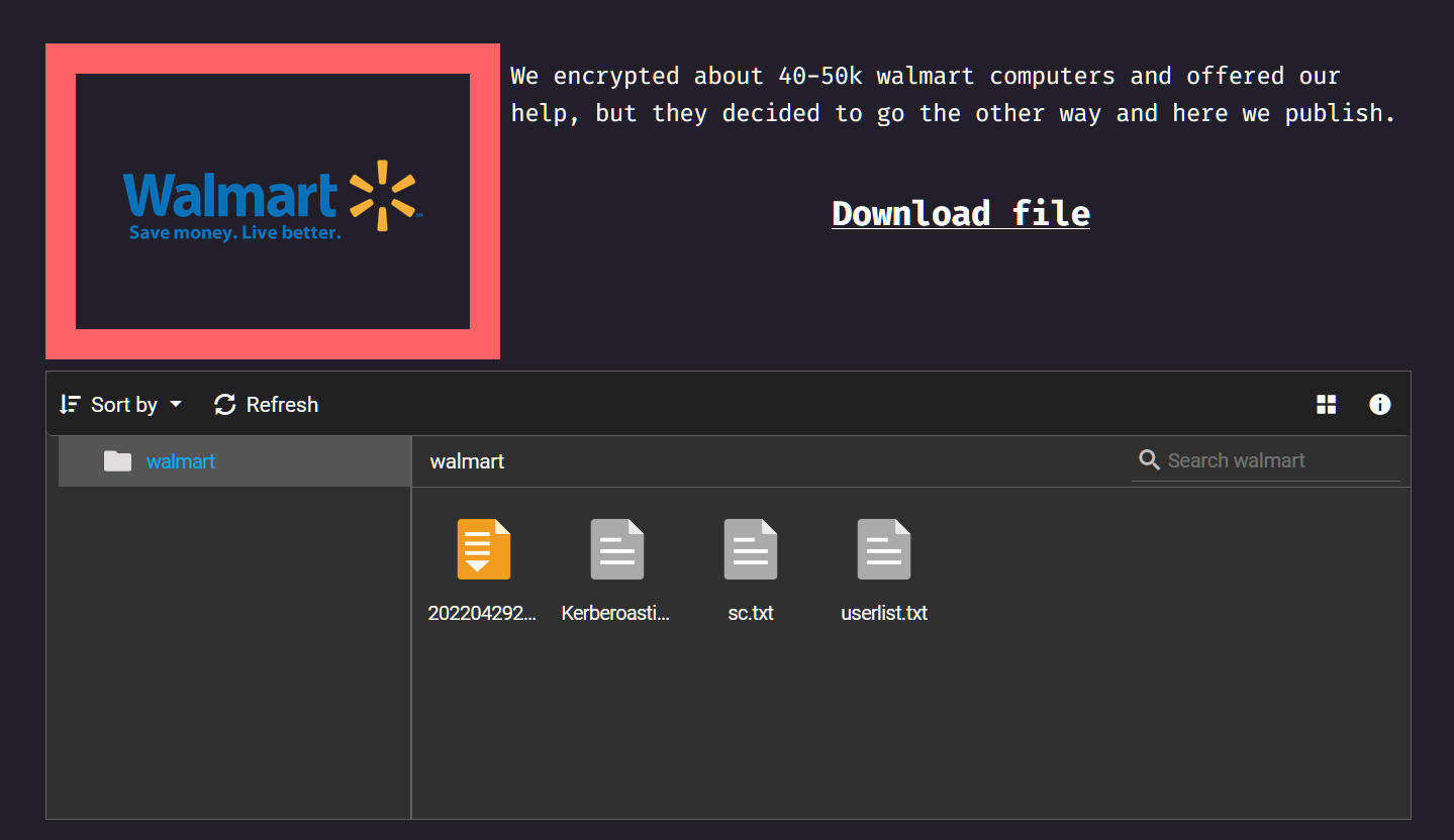 Walmart entry on the Yanluowang data leak site