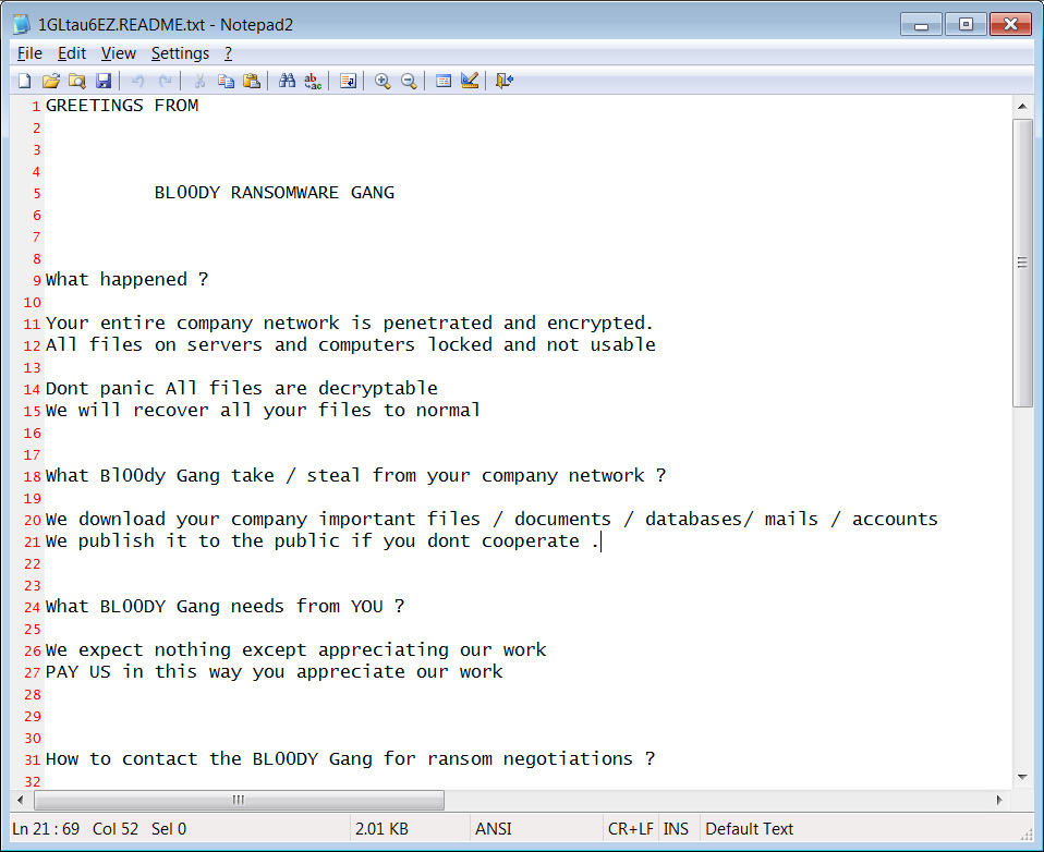 Bl00dy Ransomware Gang's ransom note