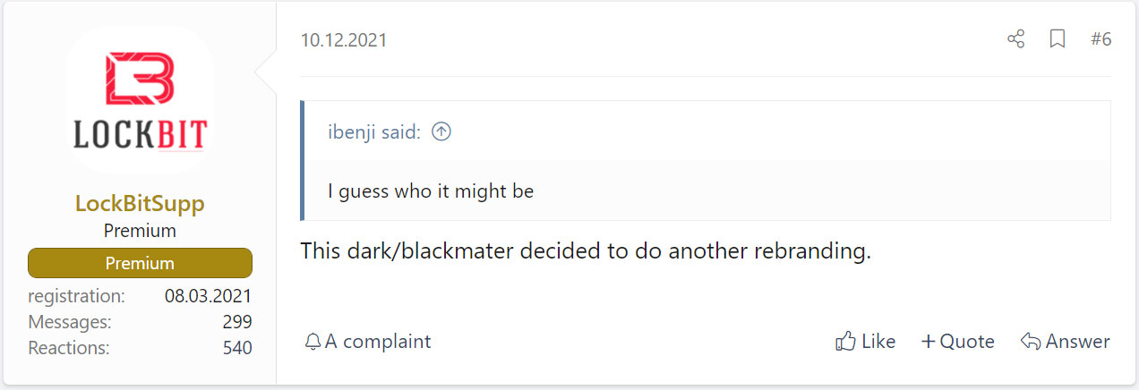 LockBit representative stating ALPH is a DarkSide rebrand
