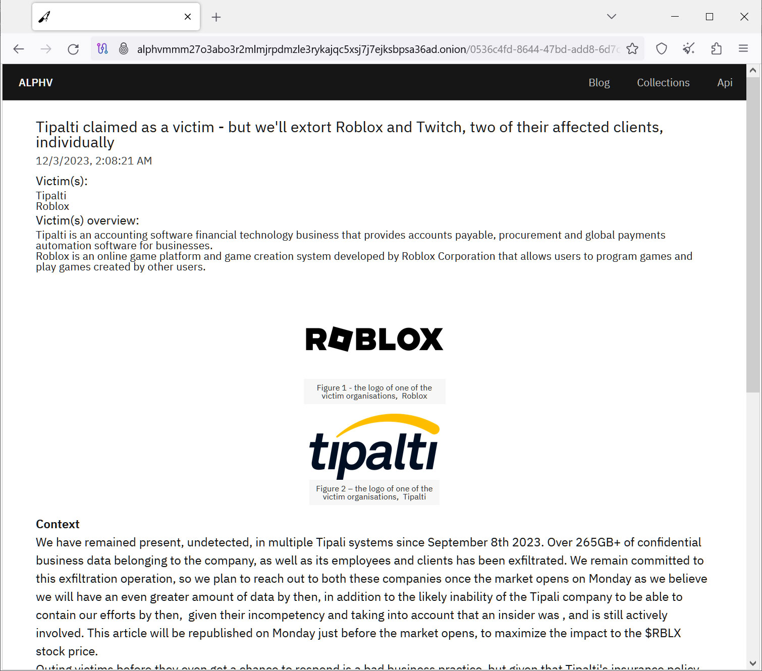 Now deleted post about Tipalti on ALPHV data leak site