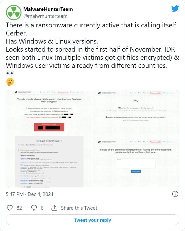 Tweet by MalwareHunterTeam