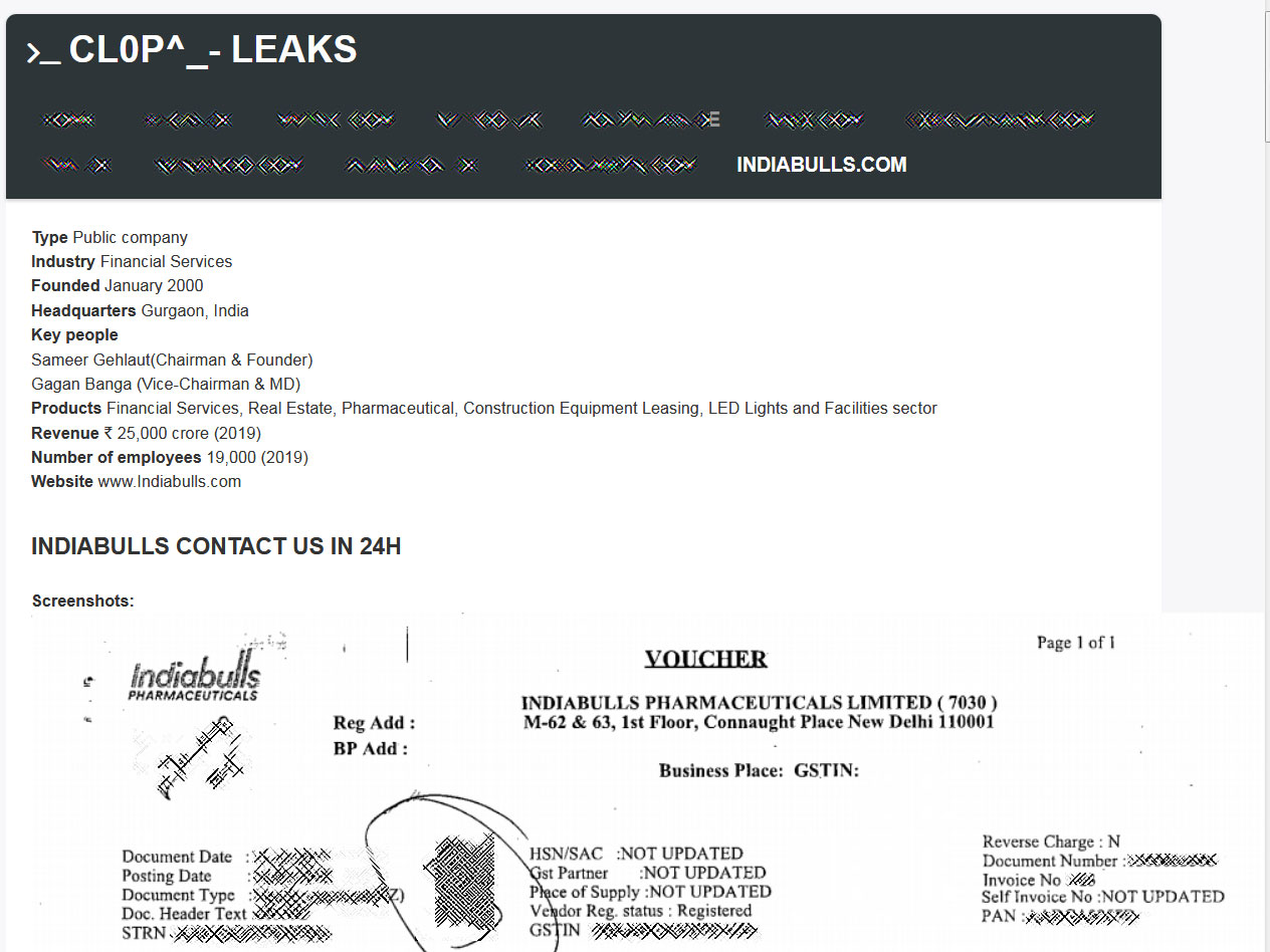 IndiaBulls leak on CLOP data leak site