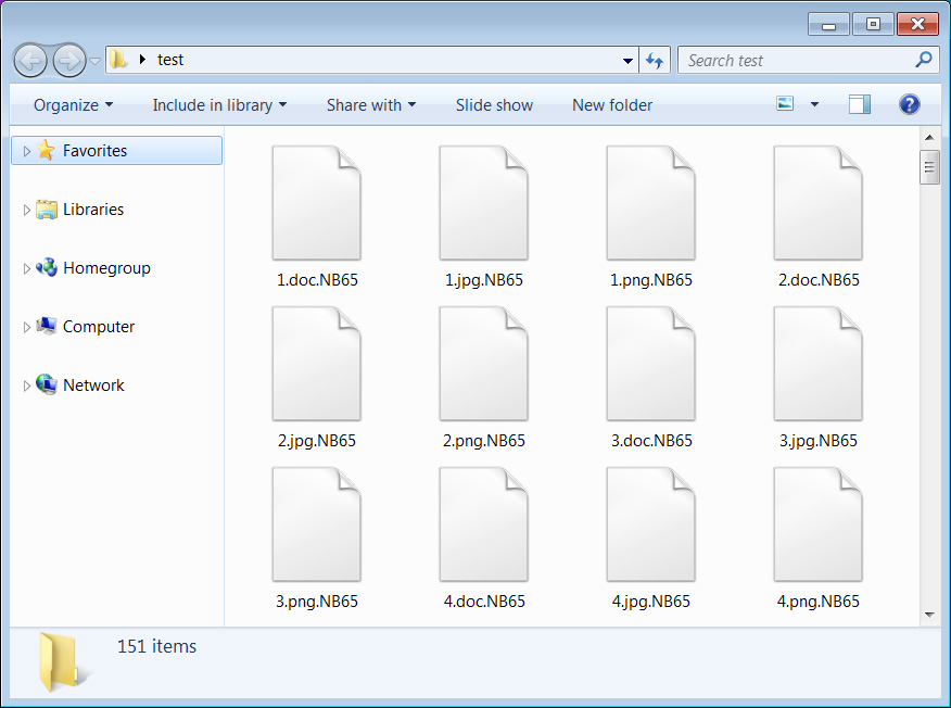 Files encrypted by NB65's ransomware
