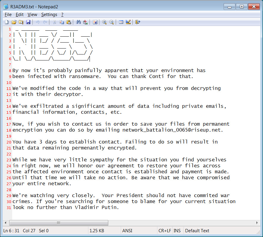 Ransom note for NB65 ransomware