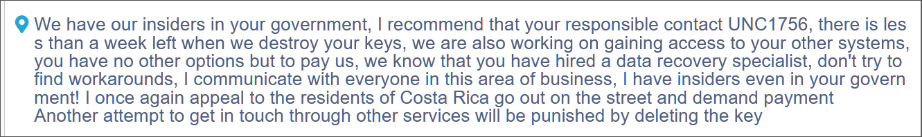 Conti threats to the Costa Rican government