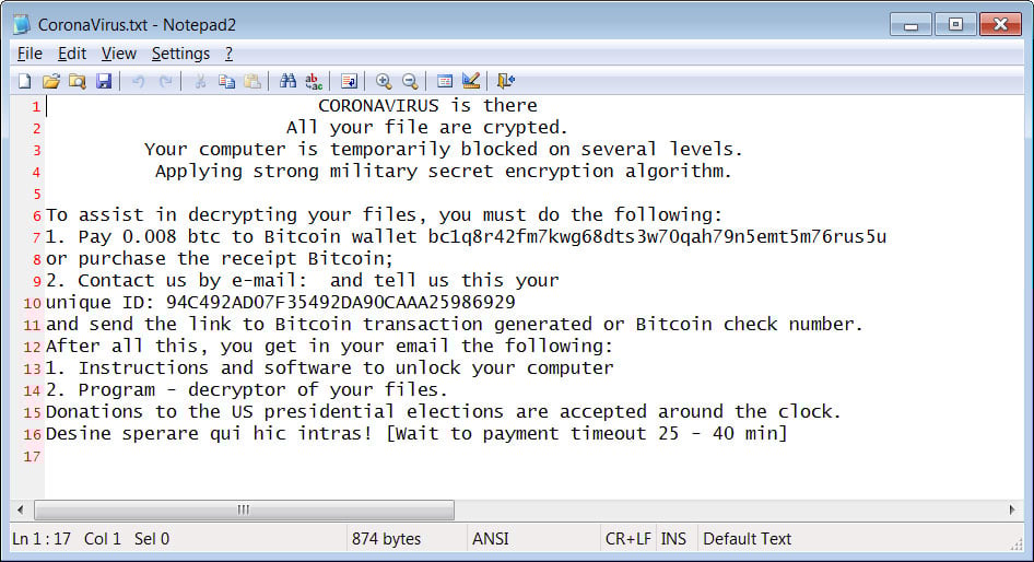CoronaVirus Ransom Note
