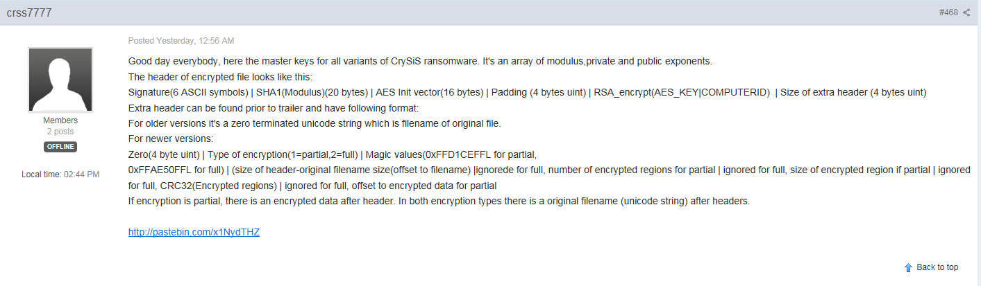 BleepingComputer.com post about Master Decryption Keys being Released