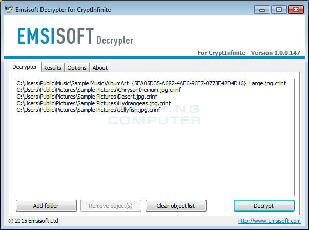DecryptCryptInfinite Screen listing Encrypted Files