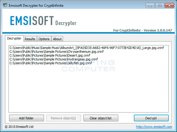 DecryptCryptInfinite Screen listing Encrypted Files