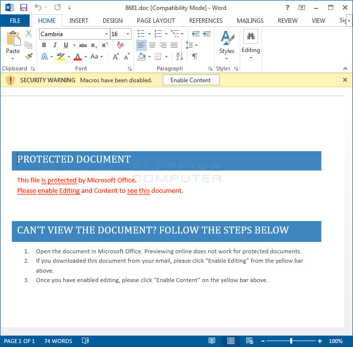 Malicious Word Document - Click to see full sized image