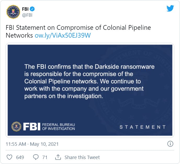 FBI confirming DarkSide ransomware attack on Colonial Pipeline