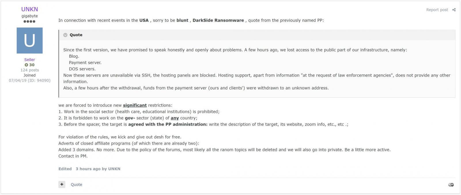 Hacker forum post about seized DarkSide servers and cryptocurrency