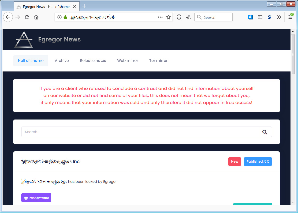 Sitio de fuga de datos de operación de ransomware Egregor