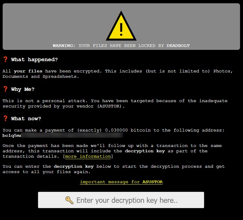 DeadBolt ransom note on ASUSTOR NAS device