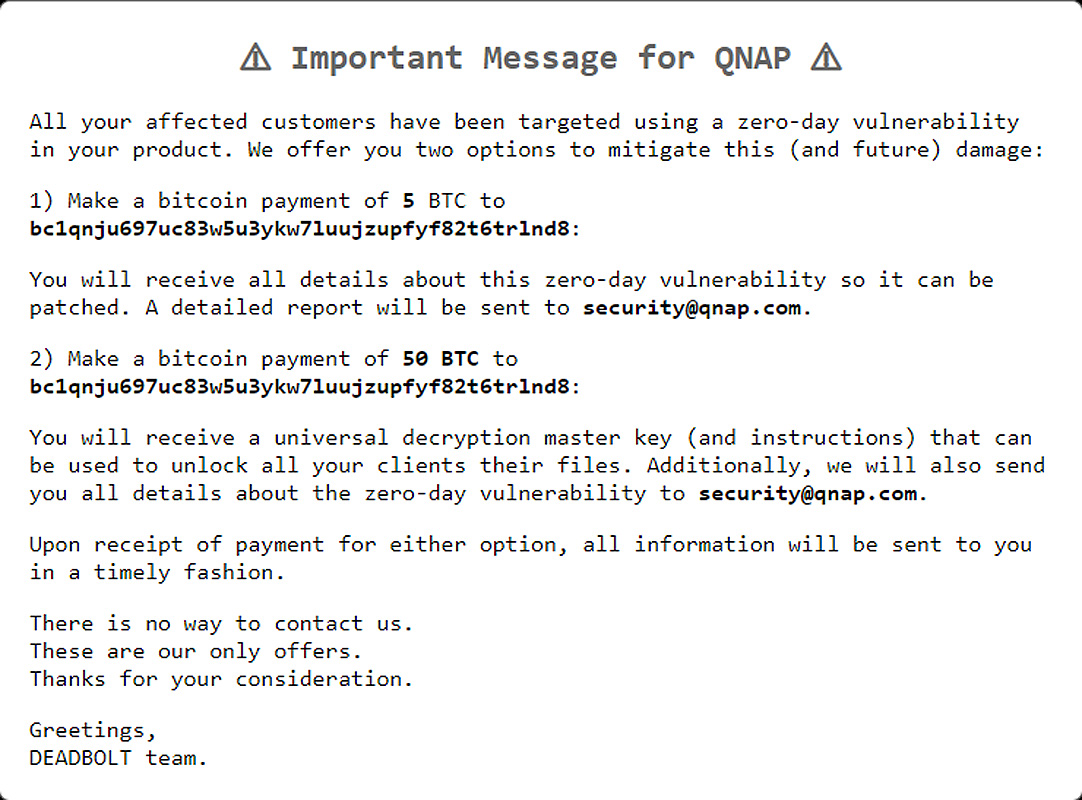 Message from threat actors for QNAP