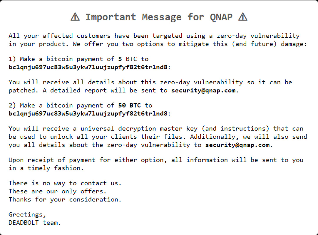 Message from threat actors for QNAP