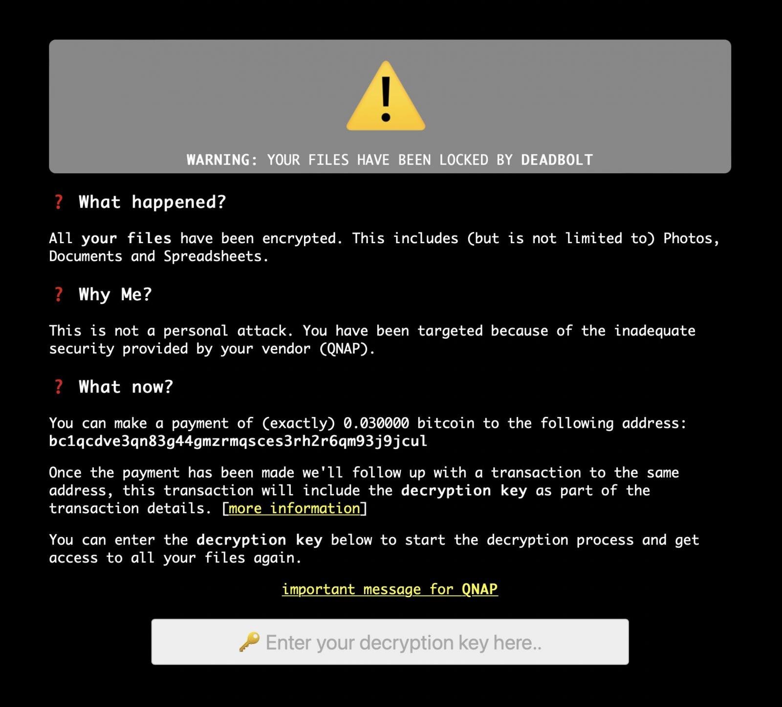 DeadBolt ransom screen on a QNAP NAS device