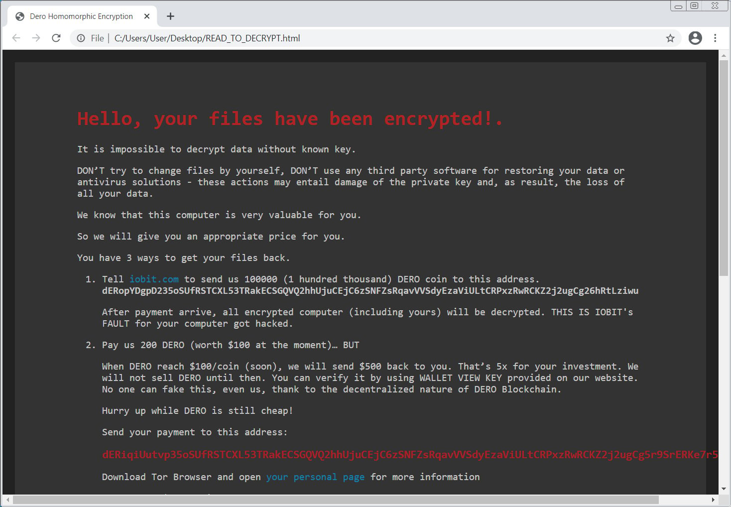 DeroHE ransomware ransom note
