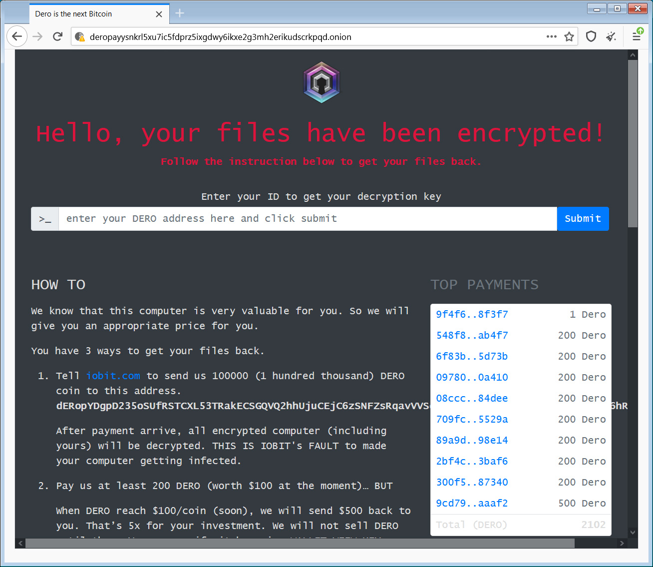 Платежный сайт Dero Ransomware Tor