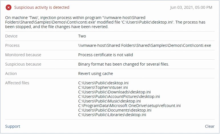 Acronis Cyber Protect detecting malware