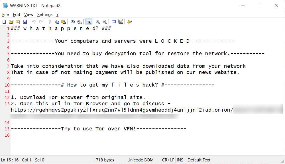 Warning.txt ransom note from Diavol ransomware