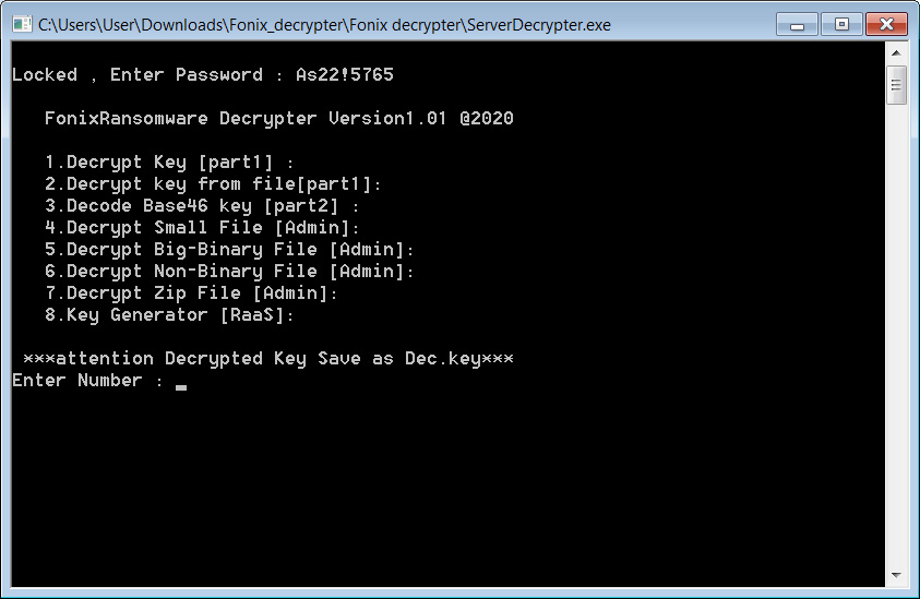 Fonix ransomware's Admin decryptor