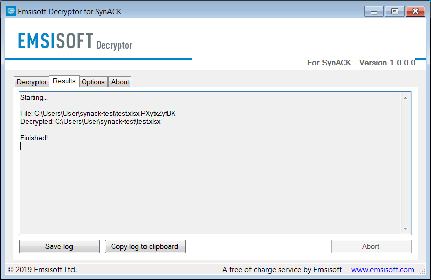 Decrypting a file using the SynAck decryptor