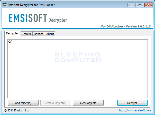 DMALocker Decrypter Screen
