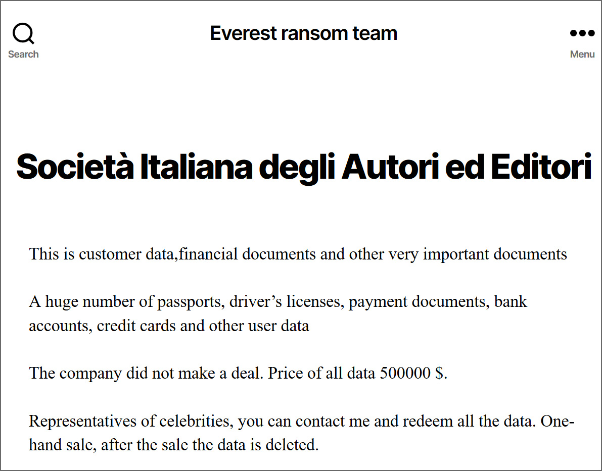 SIAE listing on the Everest data leak portal
