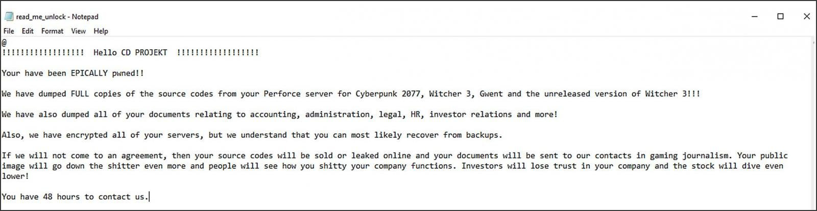 Ransom note from CD Projekt Red ransomware attack