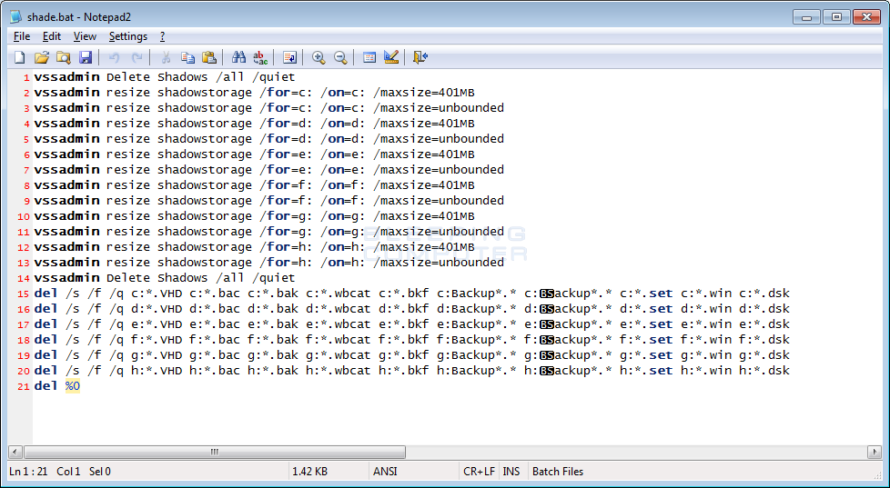 Shade.bat File to Delete Shadow Volume Copies and Backups