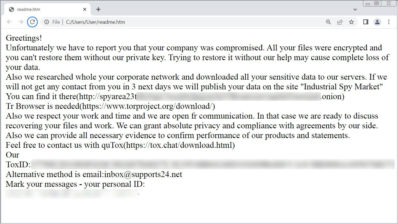 Example Industrial Spy ransom note