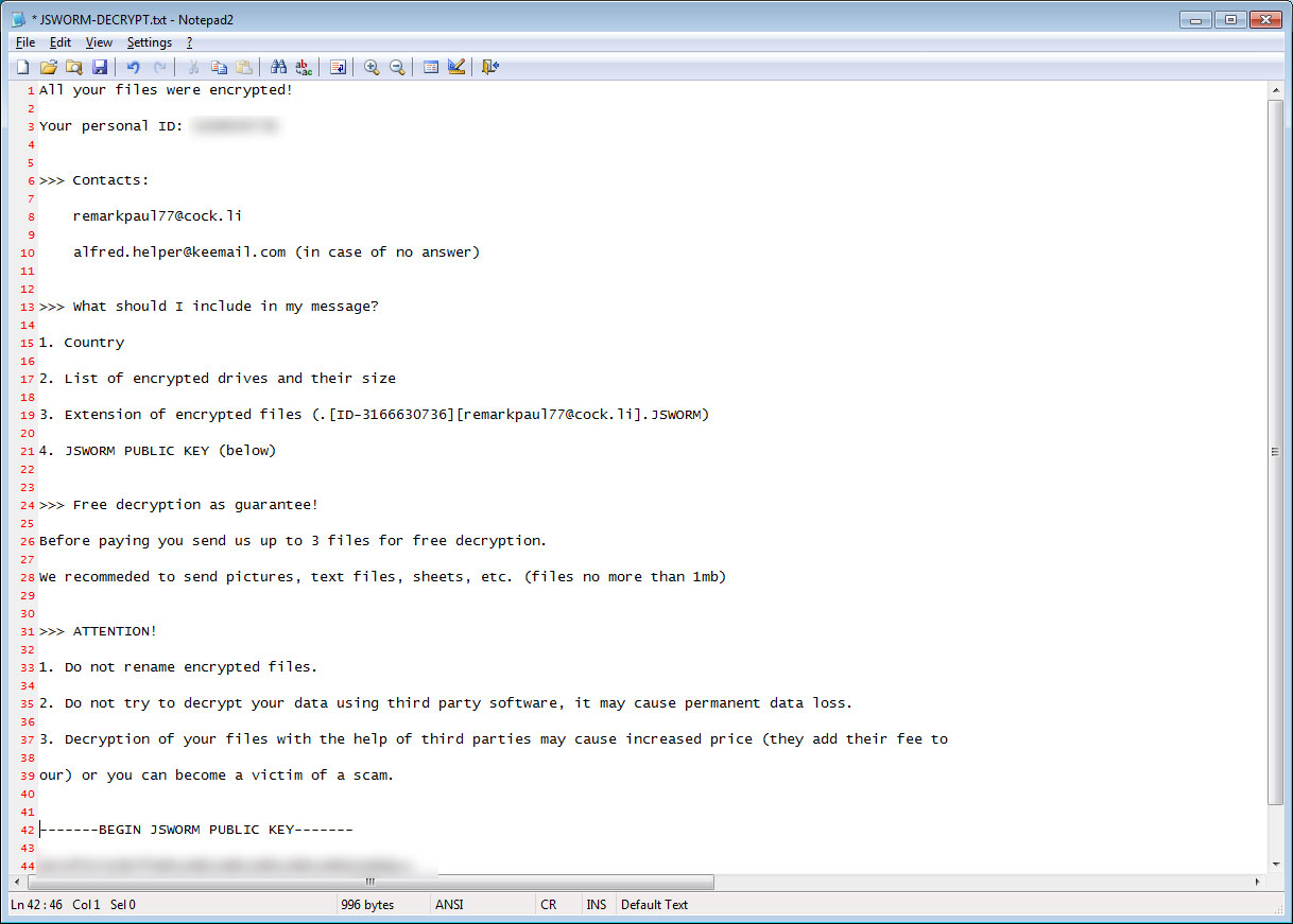 JSWorm 2.0 Ransomware Note