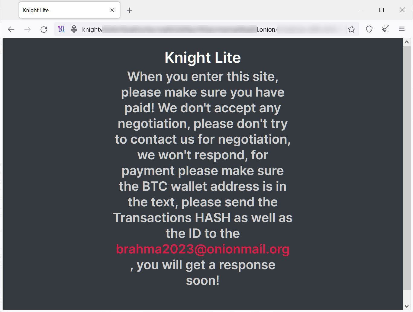 Knight ransomware Tor site